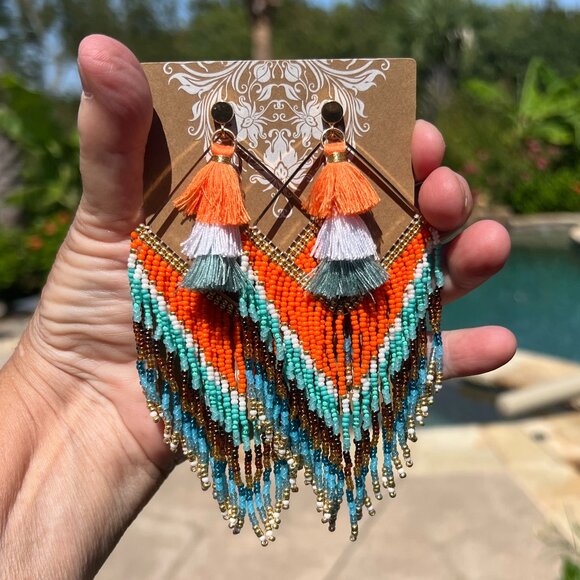 Handmade Beaded Long Tassel Fringe Dangle Drop Bohemian Post Diamond Earrings - Picture 3 of 8